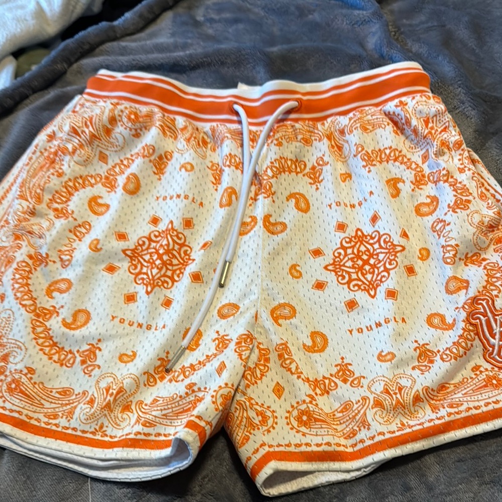 YoungLA Orange and White Athletic Shorts with Paisley Print